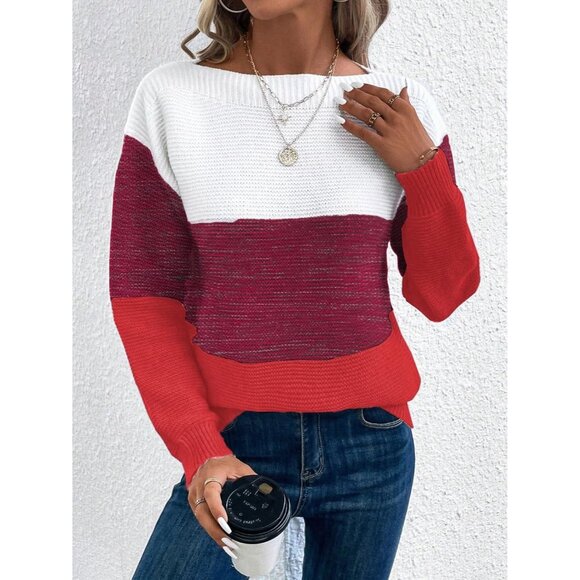Women's Red Long Sleeve Crew Neck Color Block Fall Fashion Pullover Sweaters - Picture 2 of 5